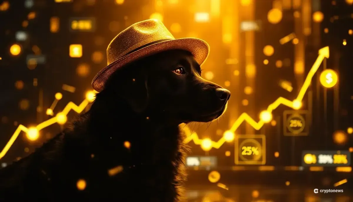 ニット帽をかぶった犬のマスコットが上昇するチャートの上を飛ぶ、ミームコインWIFのイラスト