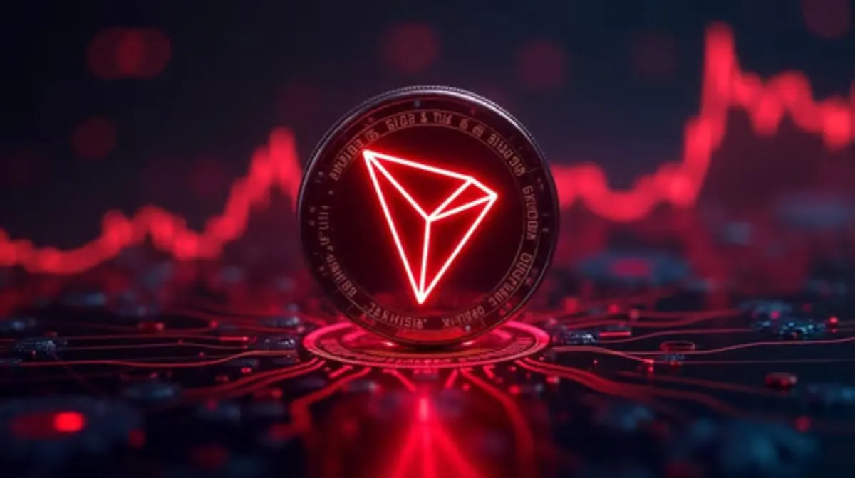 赤い背景とチャートを背にしたトロンコインのイメージ