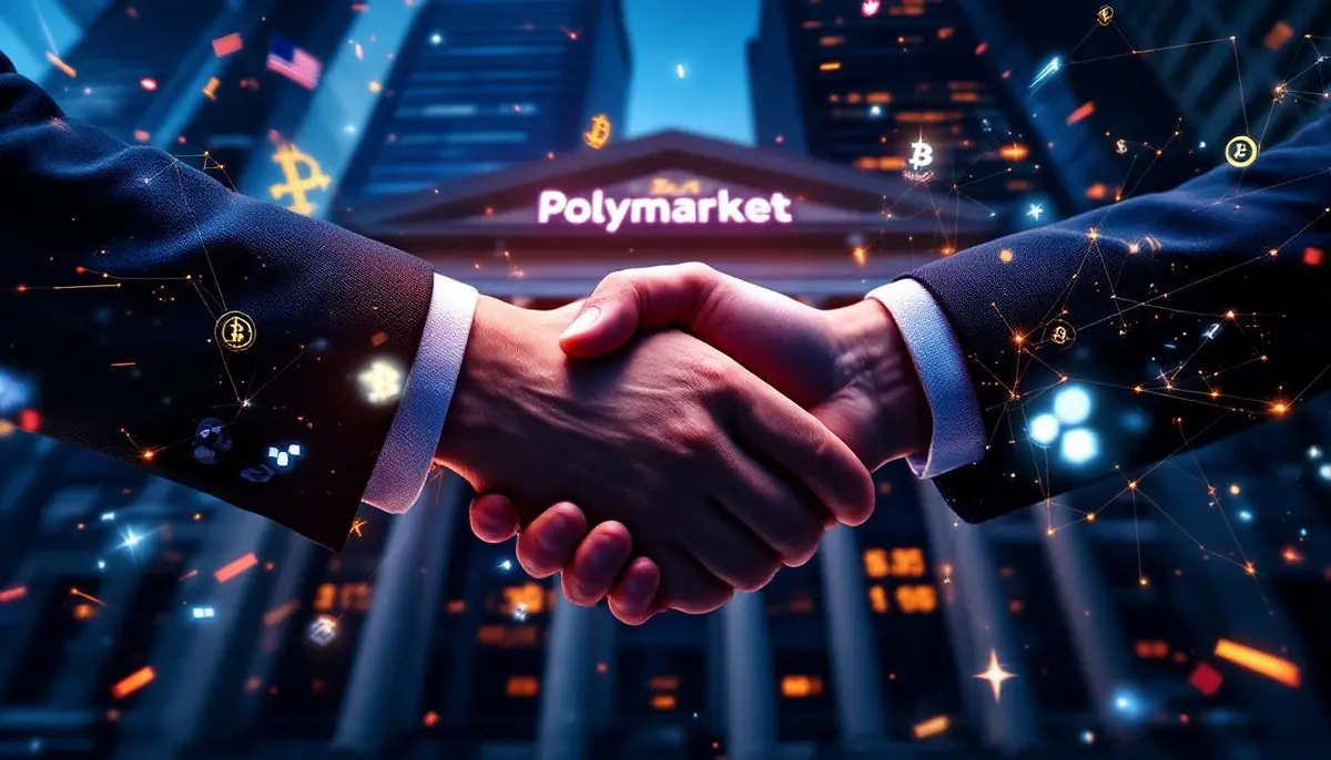 予測市場Polymarketのロゴと規制を象徴する木槌が描かれたイラスト