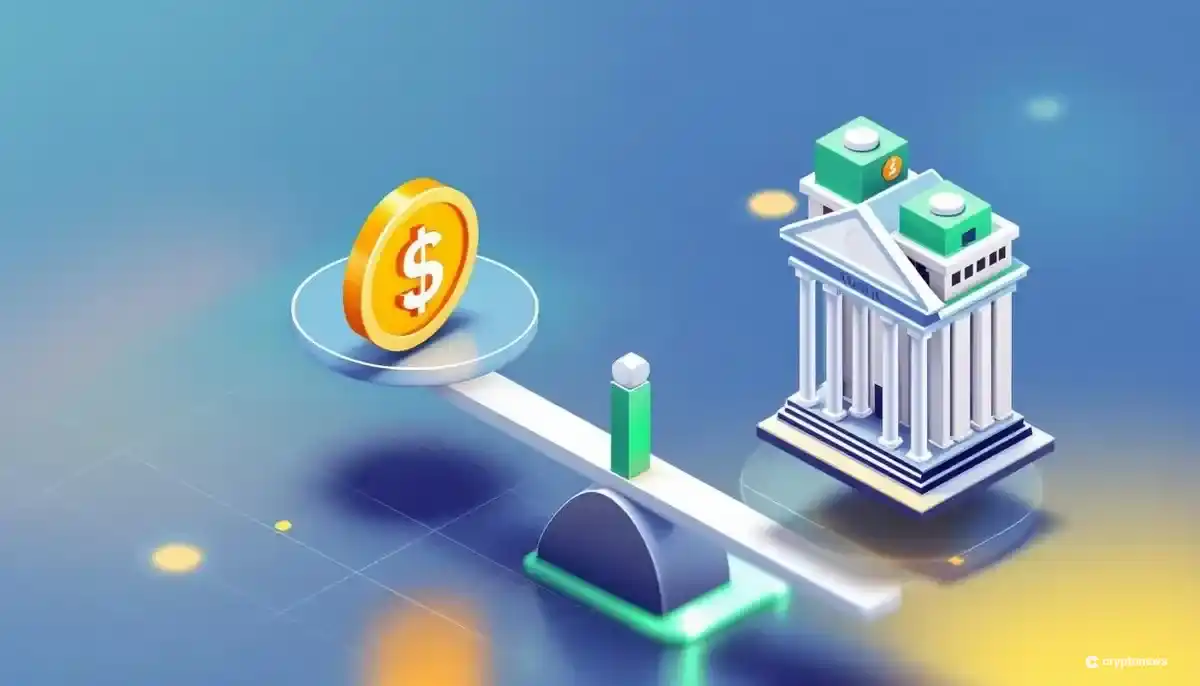 ステーブルコインと伝統的な銀行を天秤にかける様子のアイソメトリックイラスト