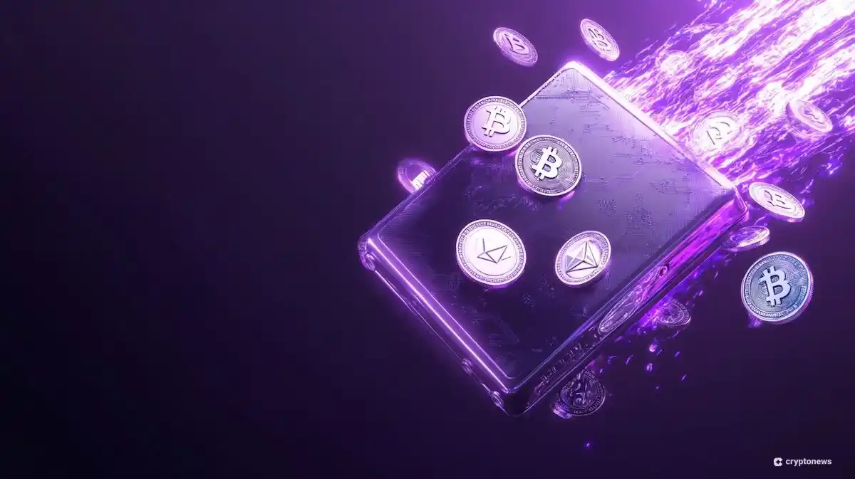 洗練された未来的なデザインのハードウェア仮想通貨ウォレット、そこからデジタルコインとシンボルが torrent(激しい流れ)のように溢れ出している様子