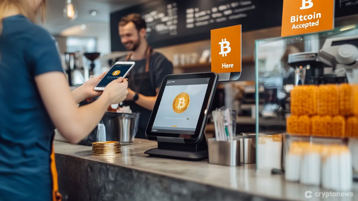 店員とスタッフが立ち、スクエア（Square）の店舗でビットコイン決済をするイメージ