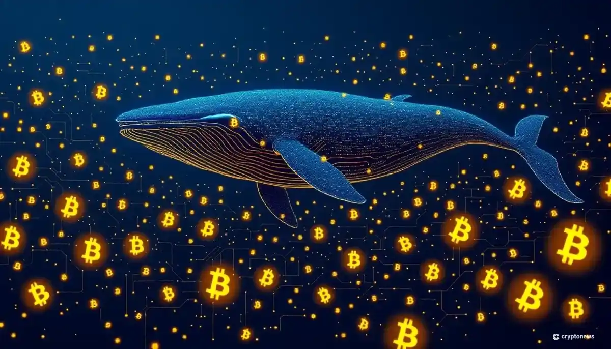デジタルコードで構成されたクジラがビットコインの海を泳ぐ抽象的なイラスト