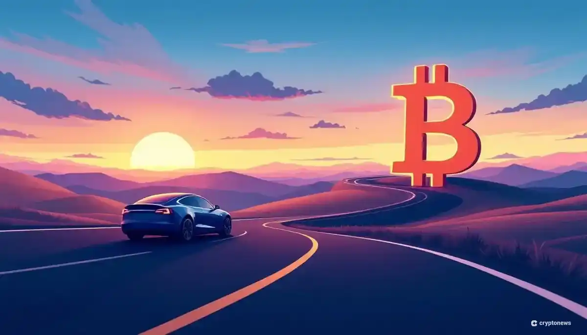 ビットコインから走り去るテスラの車を描いたイラスト。機会損失を象徴している。