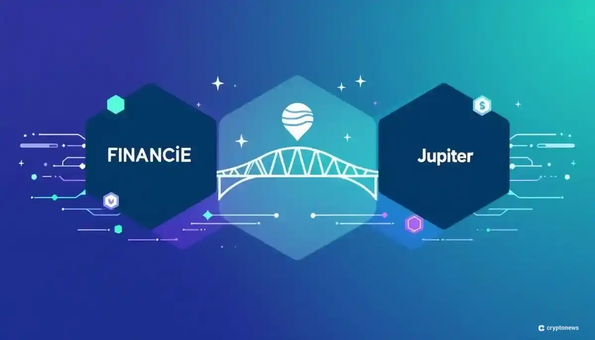 FiNANCiEとソラナのJupiterエコシステムとの技術連携を象徴するネットワーク図。