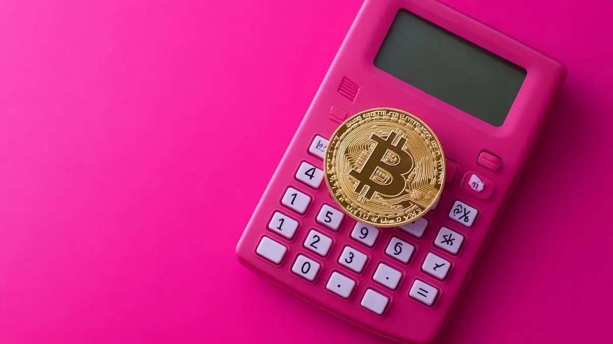 紫の背景とビットコインが乗った電卓