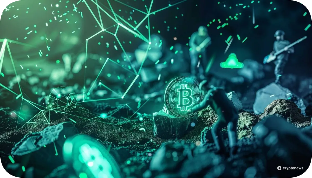 マイニングをする複数人と、数枚のビットコイン