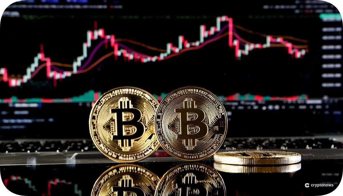 3枚のビットコインと価格チャート