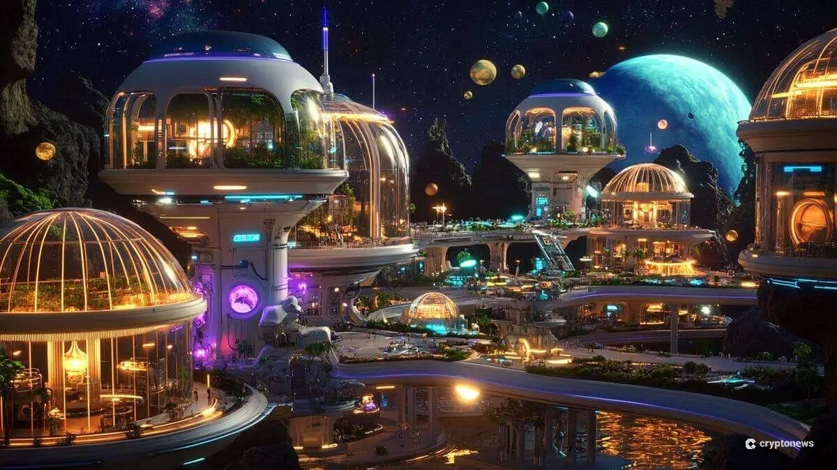 惑星間を漂う宇宙コロニー都市の夜の光景