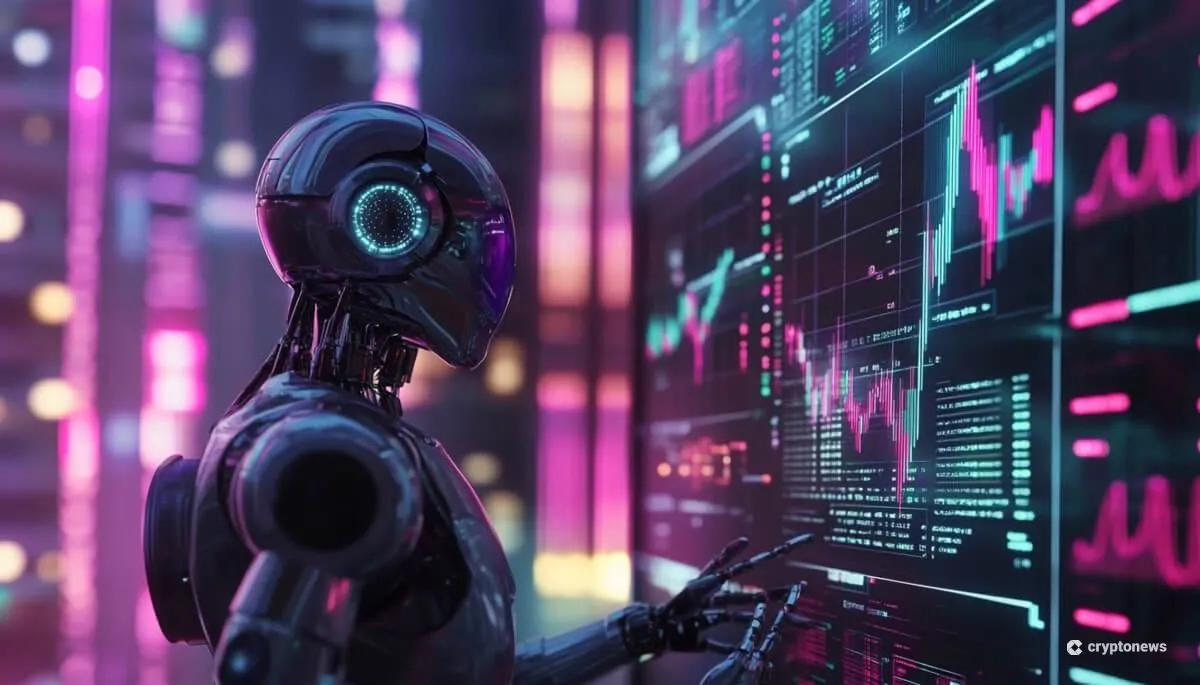 ソラナのチャートが表示されたディスプレイを操作するAIロボット