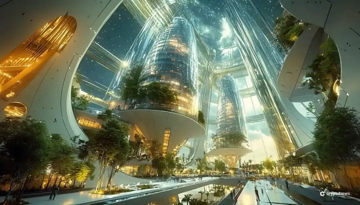 宇宙コロニーの中で反映するソラナイメージの未来都市