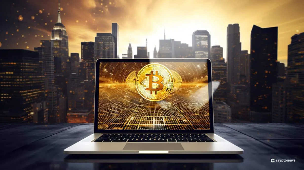 大きな都市とビットコインを表示するコンピュータ