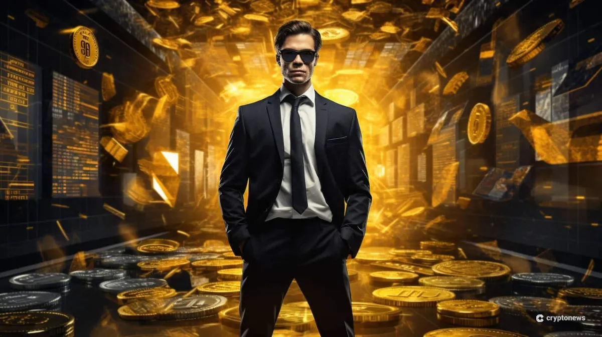 宙に浮かぶビットコインとその前に立つ男