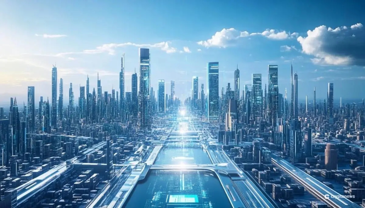 青い空が広がる早朝の近未来都市