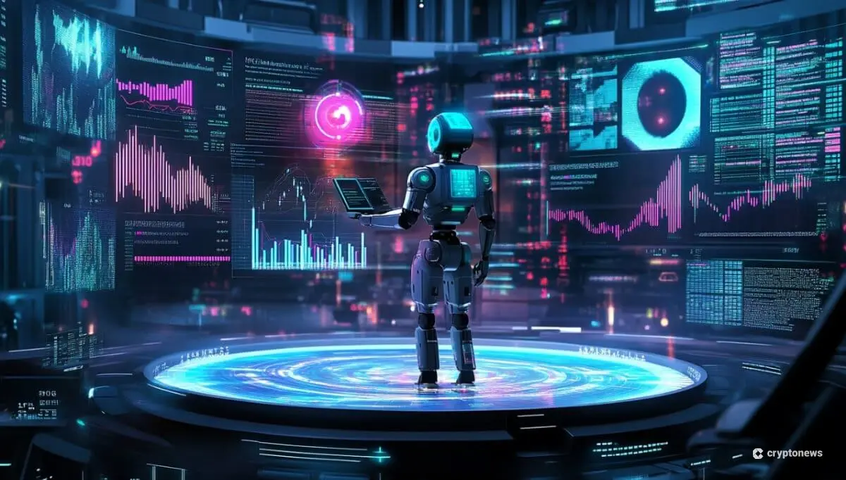 近未来的なラボで複数のモニターを遠隔操作するAIロボット