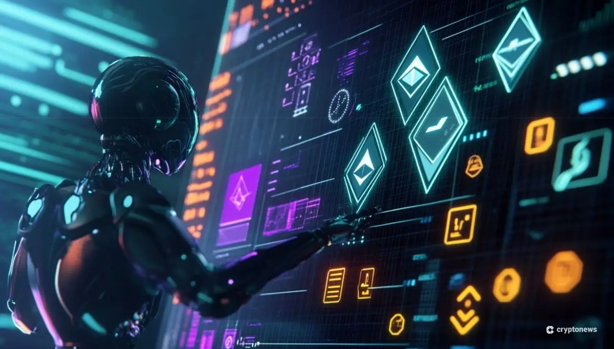 イーサリアムのロゴなどが表示される巨大スクローんを操作する黒いAIロボット