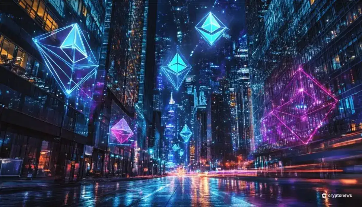 イーサリアムのロゴが浮かぶ近未来都市の夜