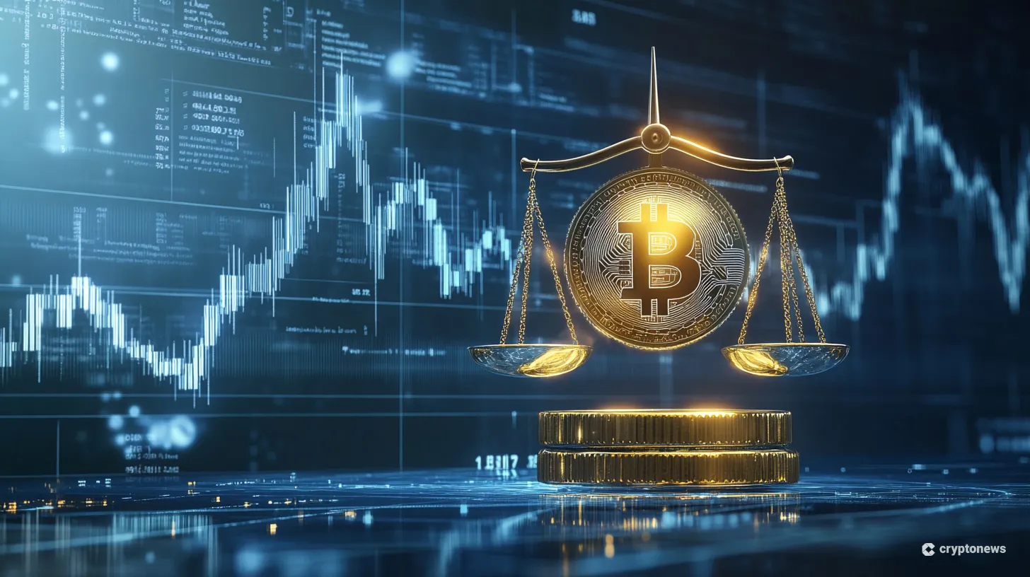 ビットコインと金の延べ棒を天秤にかけるイラスト。背景には米国の債務を示すグラフ。