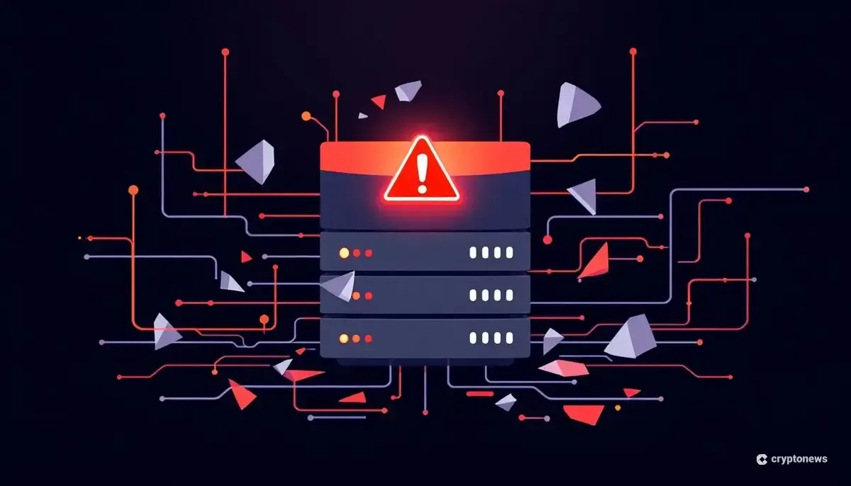 サーバーの不具合を示す警告マークと、途切れたデータストリームを表す抽象的なイラスト
