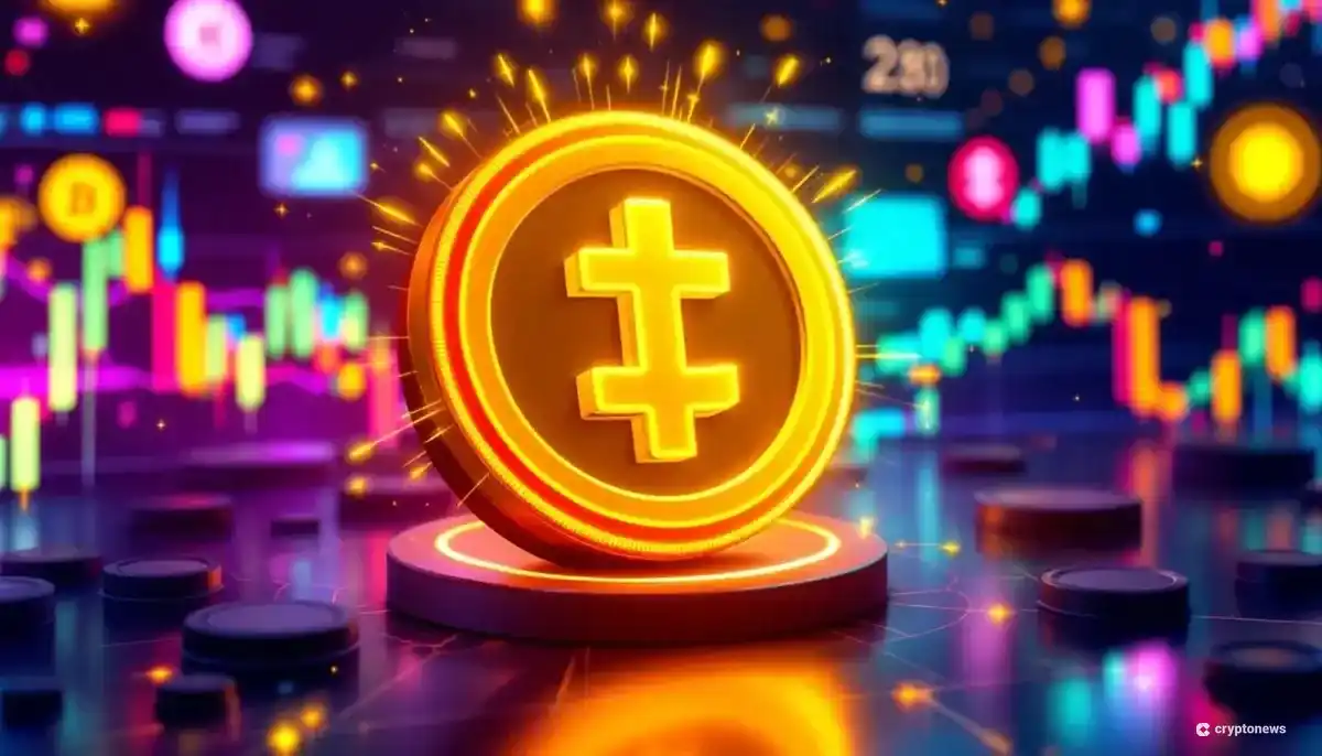 下落する他の仮想通貨チャートを背景に、明るく輝く新しいミームコインTOKEN6900のシンボル