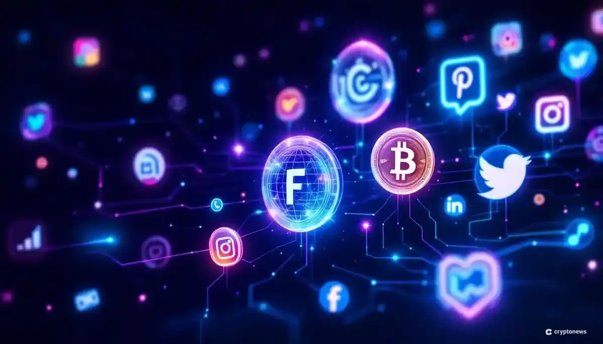 Baseネットワーク上でSNSの投稿がトークン化される様子を示す未来的なイラスト