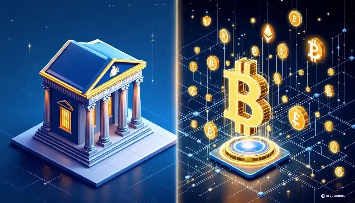 伝統的な銀行の建物と、未来的な暗号資産ネットワークが対比されているイラスト