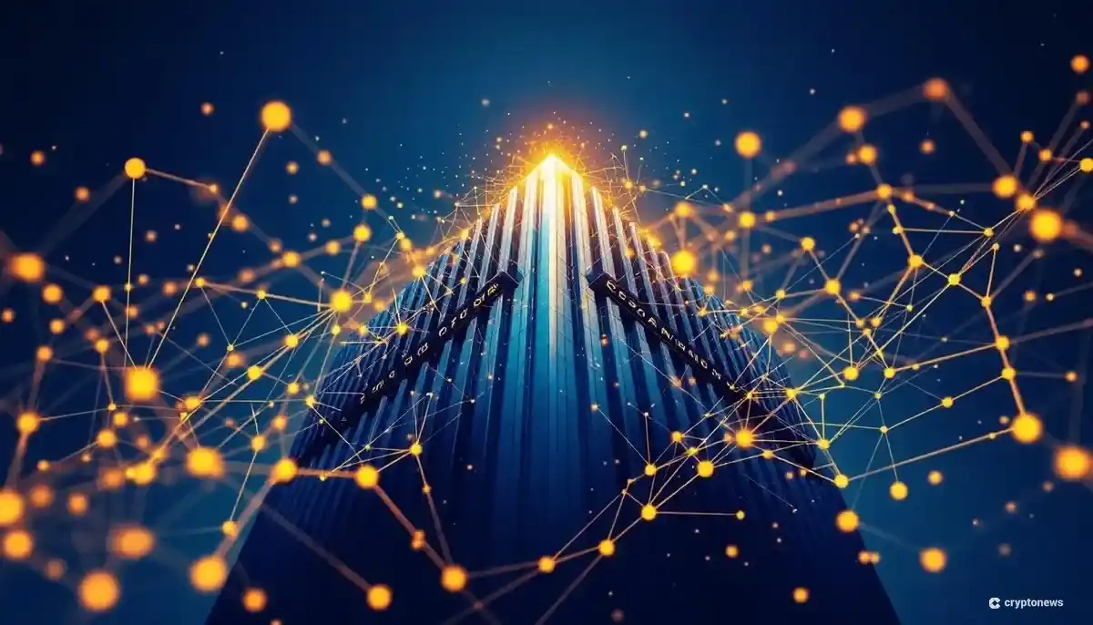 大阪取引所と仮想通貨のネットワークが融合した、未来的な金融市場を示すイラスト