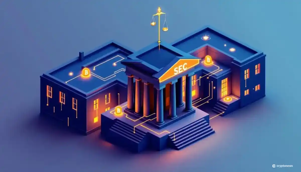 米SECの建物を模したイラストと、天秤、仮想通貨のシンボル。規制の近代化を象徴している