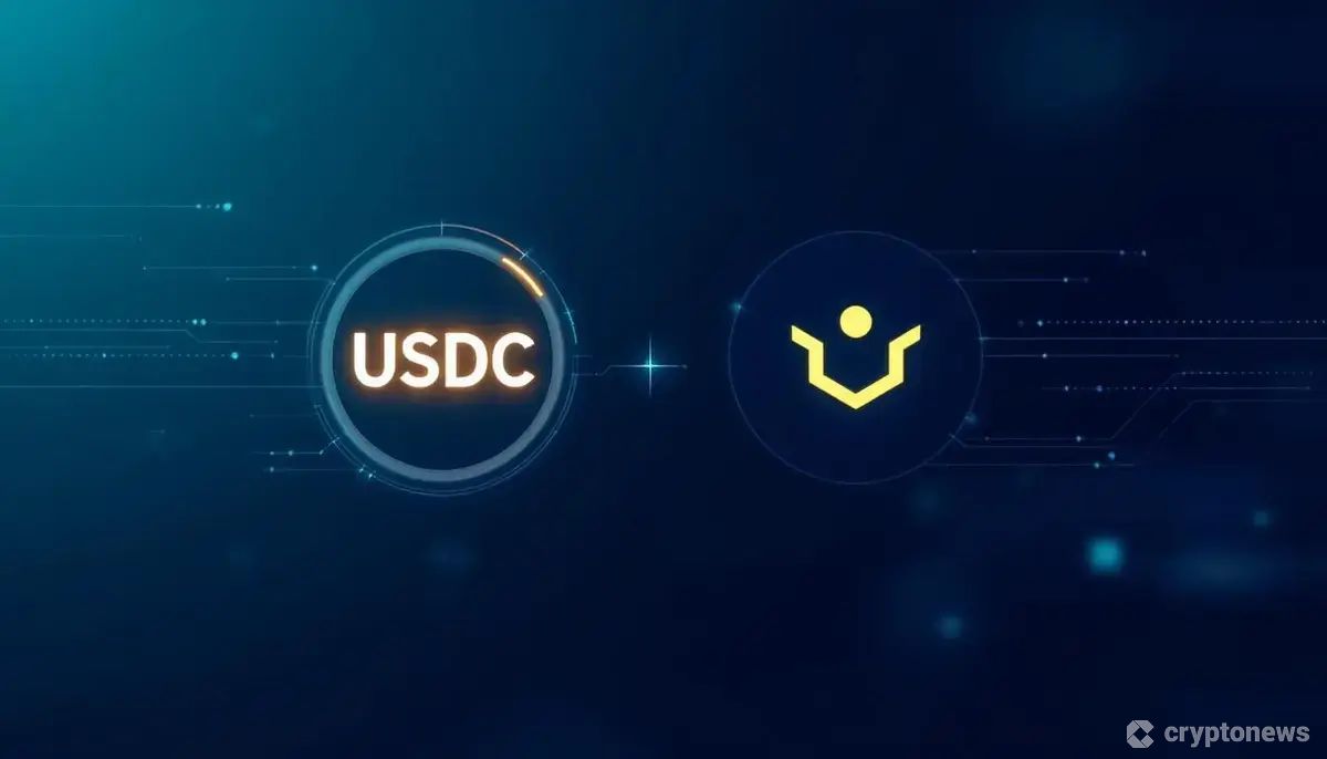 CircleのUSDCロゴとHyperliquidのロゴがデータストリームで繋がる未来的なイラスト