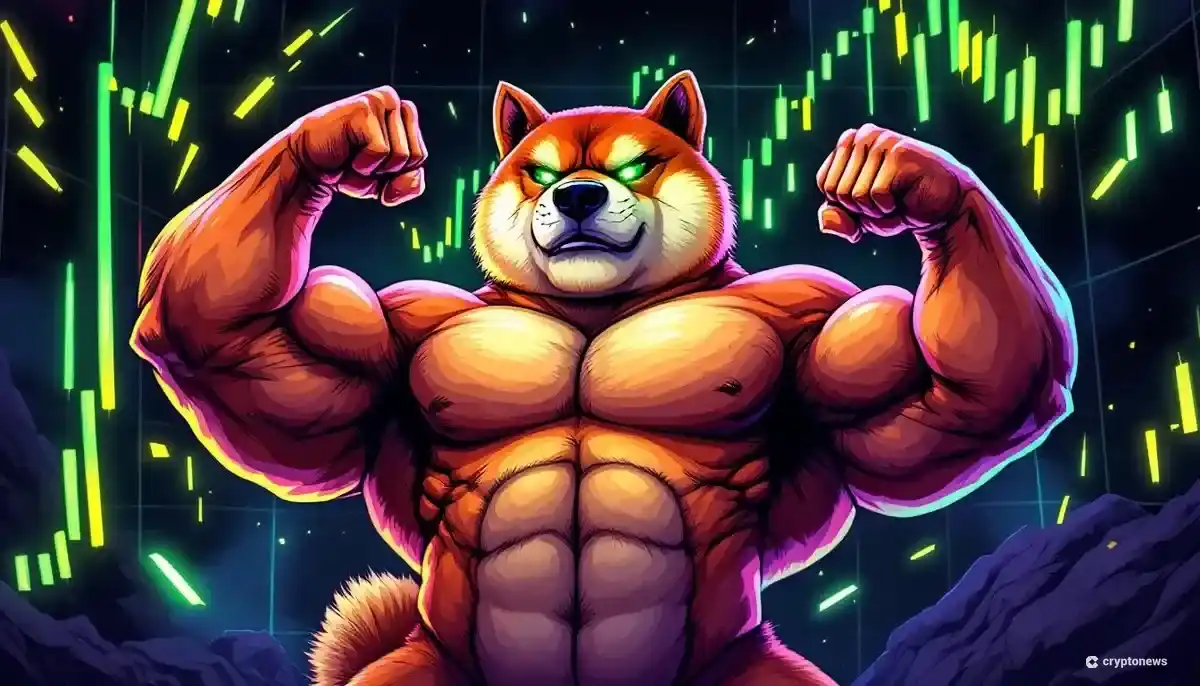 筋骨隆々の柴犬キャラクター、Maxi Dogeがポーズをとるミームコインのイメージ画像