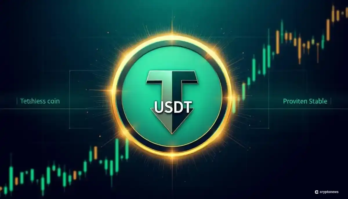 テザー（USDT）とビットコインのシンボルが輝く、安定した成長を示すデジタル金融チャートの背景