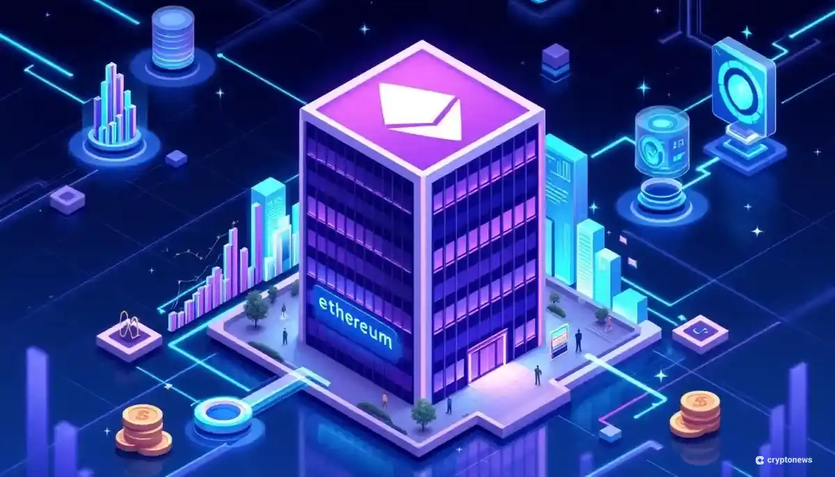 イーサリアムのロゴが輝く近代的なオフィスビル。企業の暗号資産保有戦略を象徴するイラスト