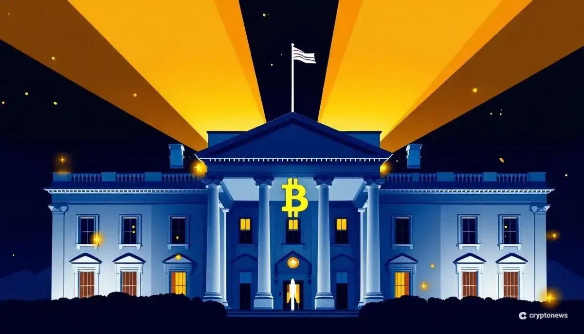 ホワイトハウスにビットコインのシンボルが投影された、米国の仮想通貨政策を象徴するイラスト