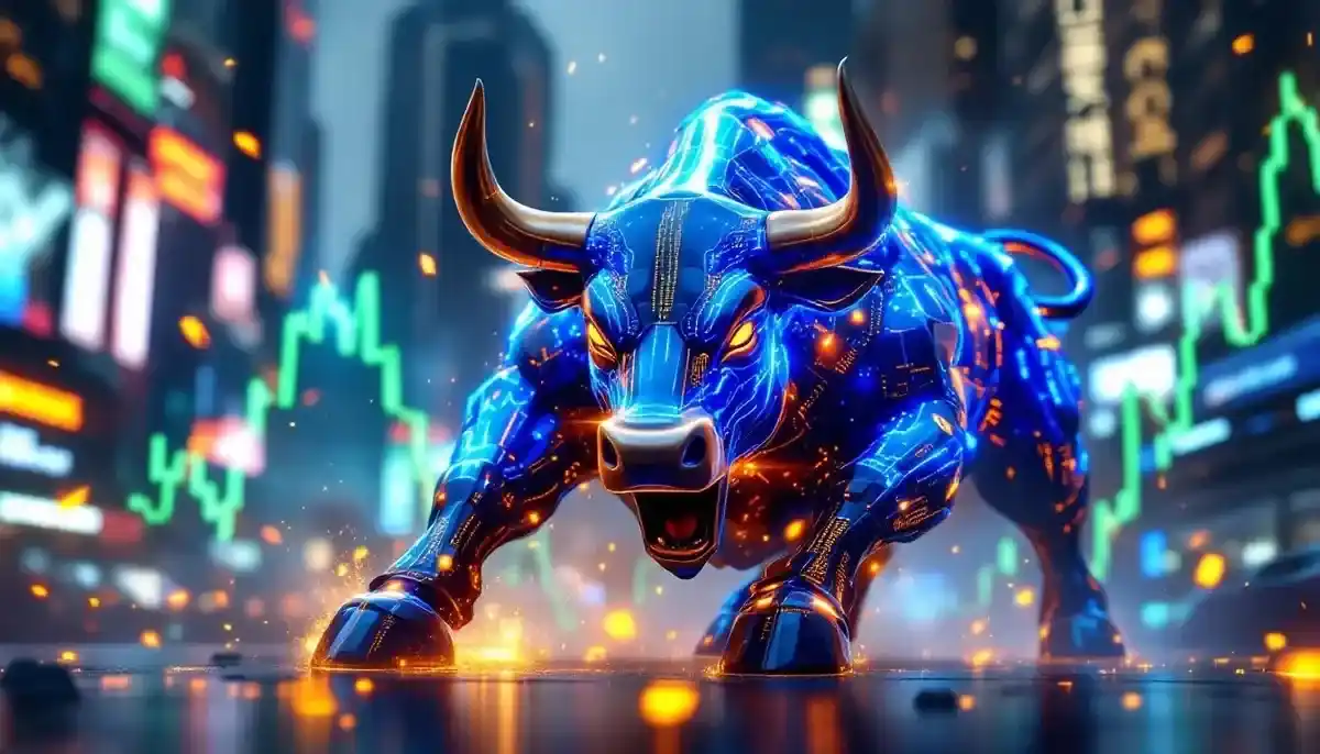 ウォール街を突き進むデジタルな雄牛の像。仮想通貨取引所BullishのIPOを象徴している。