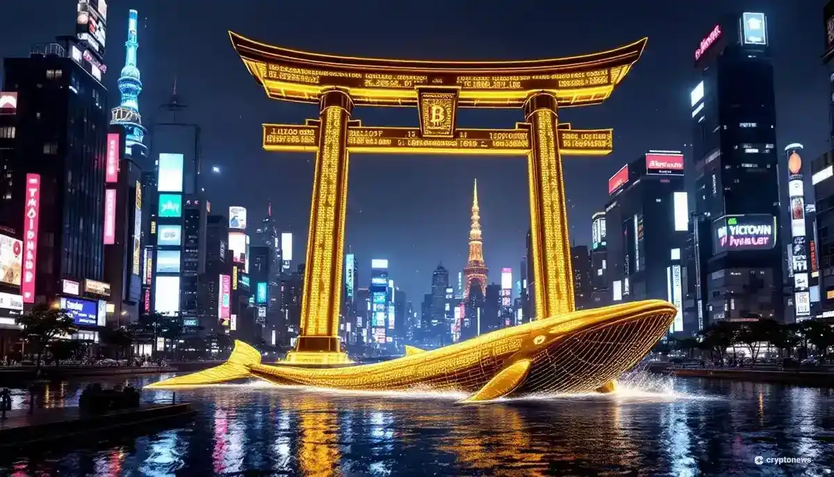 未来的な東京の街並みにそびえるビットコインの鳥居と、通りを泳ぐ金色のクジラ