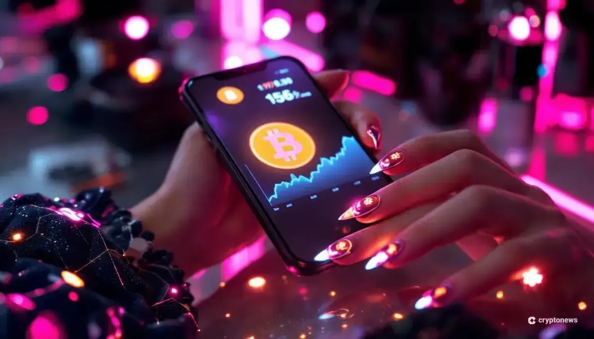 ネイルサロンの背景にビットコインのロゴが浮かび上がる未来的なイメージ