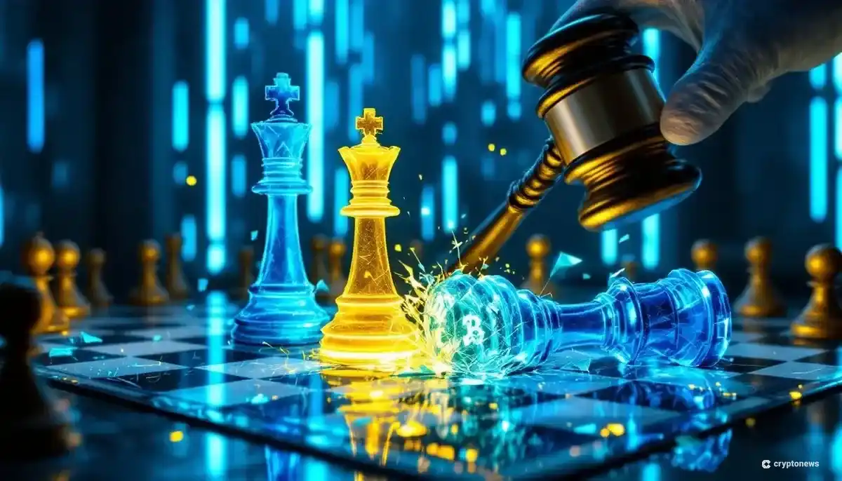 法廷で壊れたチェス盤の上で対峙するバイナンスとFTXの王の駒。仮想通貨取引所間の法廷闘争を象徴している。