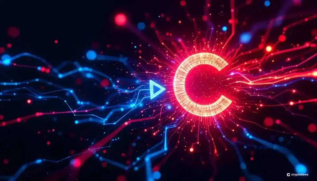 メルカリとコインチェックの提携を象徴する、2つのロゴが融合しブロックチェーンネットワークを形成するデジタルアート