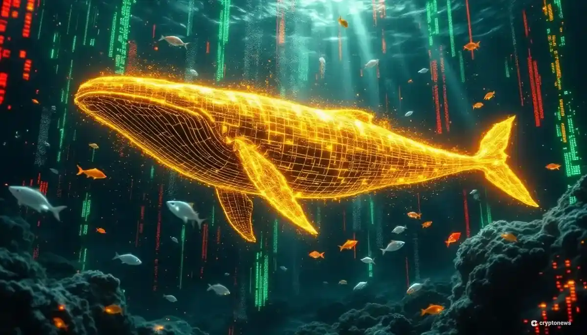 機関投資家を象徴する巨大なクジラが、変動する仮想通貨市場のデータの中を泳ぐ様子のイラスト。