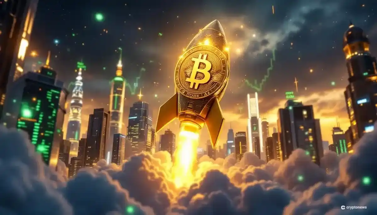 Galaxy Digitalの業績回復を象徴する、未来的な都市を上昇するビットコインロケット