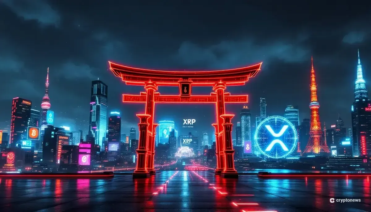 SBIが申請した仮想通貨ETFを象徴する、デジタルな鳥居と東京の未来都市のイメージ