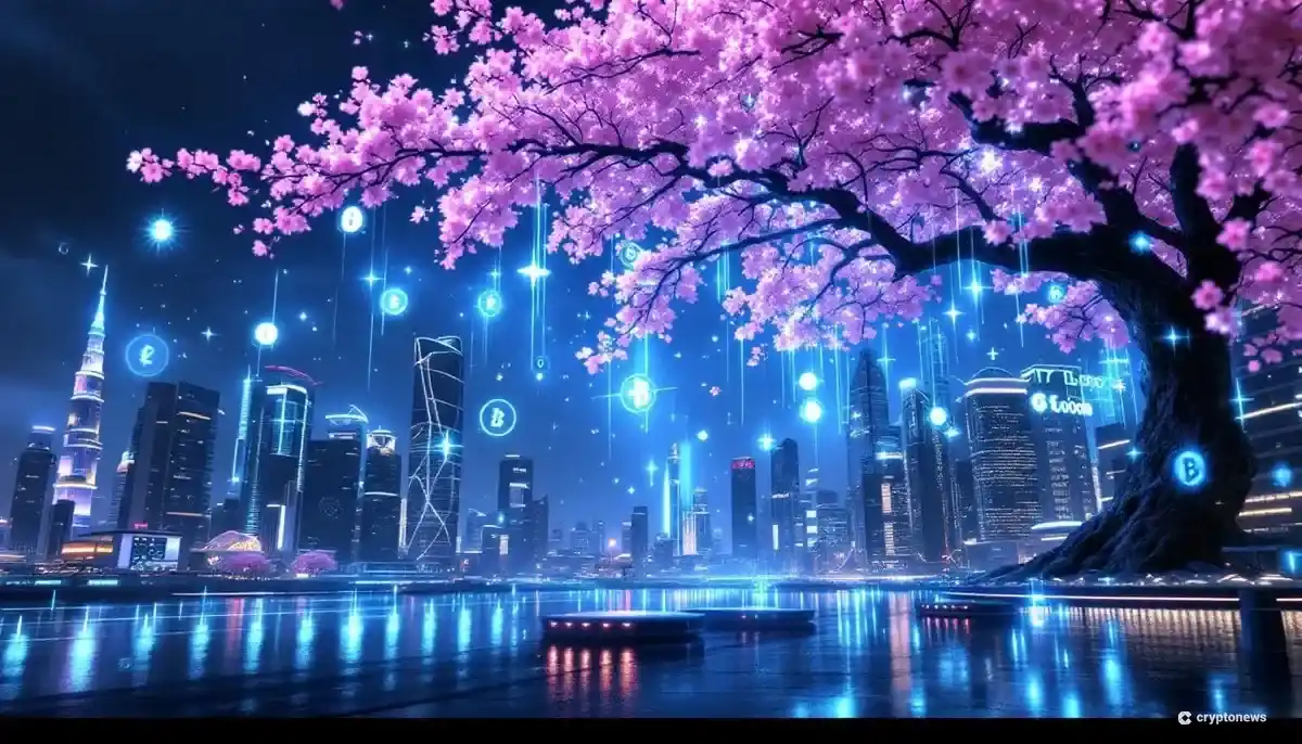 野村の子会社Laser Digitalがドバイで暗号資産ライセンスを取得したことを象徴する、ドバイの未来的な都市景観とデジタルな金融データのイメージ。