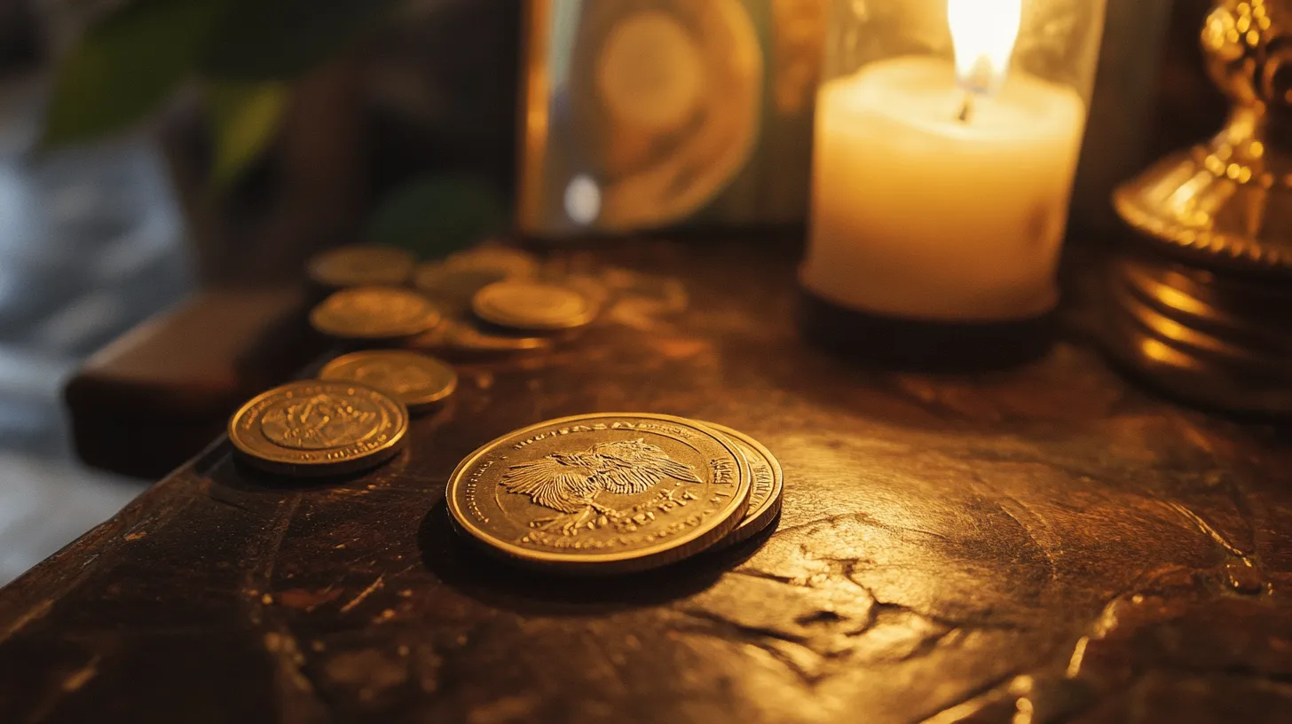 ろうそくの灯りに照らされたテーブルの上の仮想通貨コイン