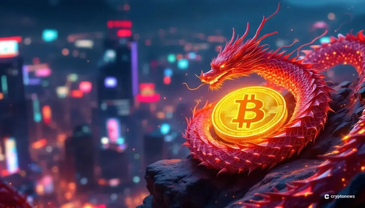 中国の龍が仮想通貨コインに絡みつく、未来的な浮世絵風のイラスト。