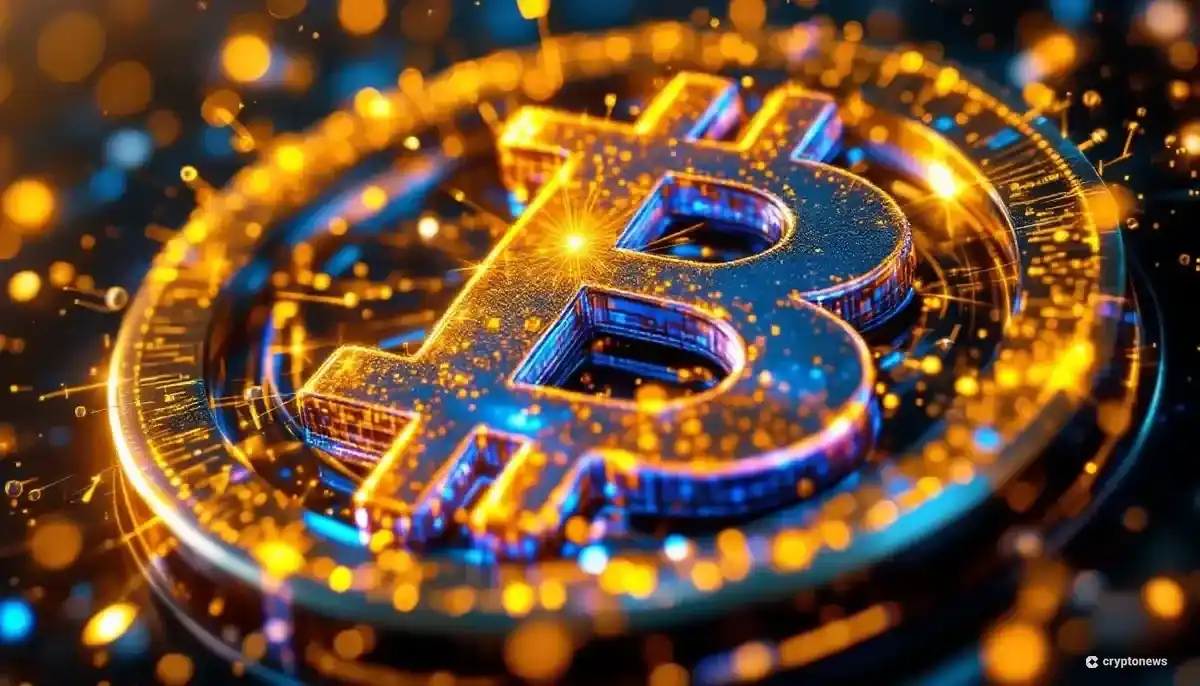 未来的な宇宙空間で螺旋状に結晶化する金色のビットコインシンボル