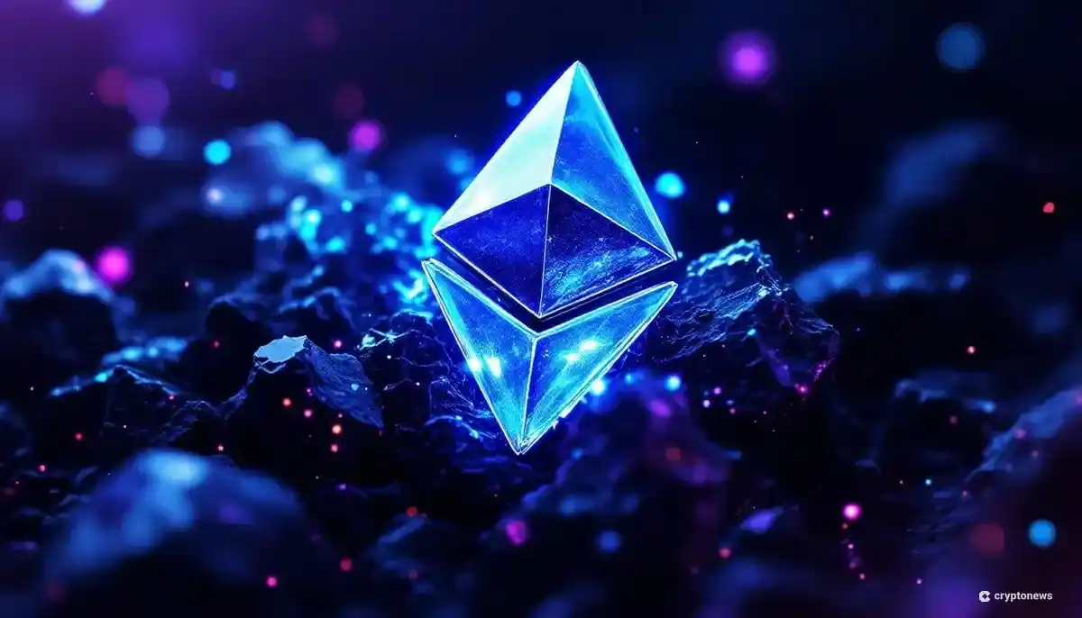 結晶化し、宇宙空間に浮かぶイーサリアムのロゴ。未来的なデジタル金融を表現