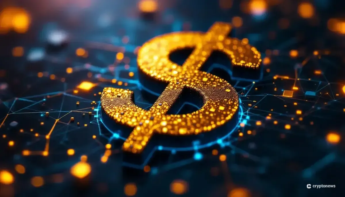 規制当局の監視下でピクセル化し崩壊するドルマークのステーブルコインのイメージ。