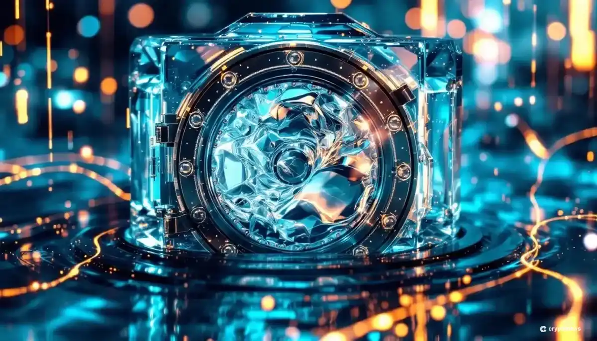 銀行の金庫と流れるようなデータが融合した、Suiと金融機関の提携を示す未来的なCG画像。