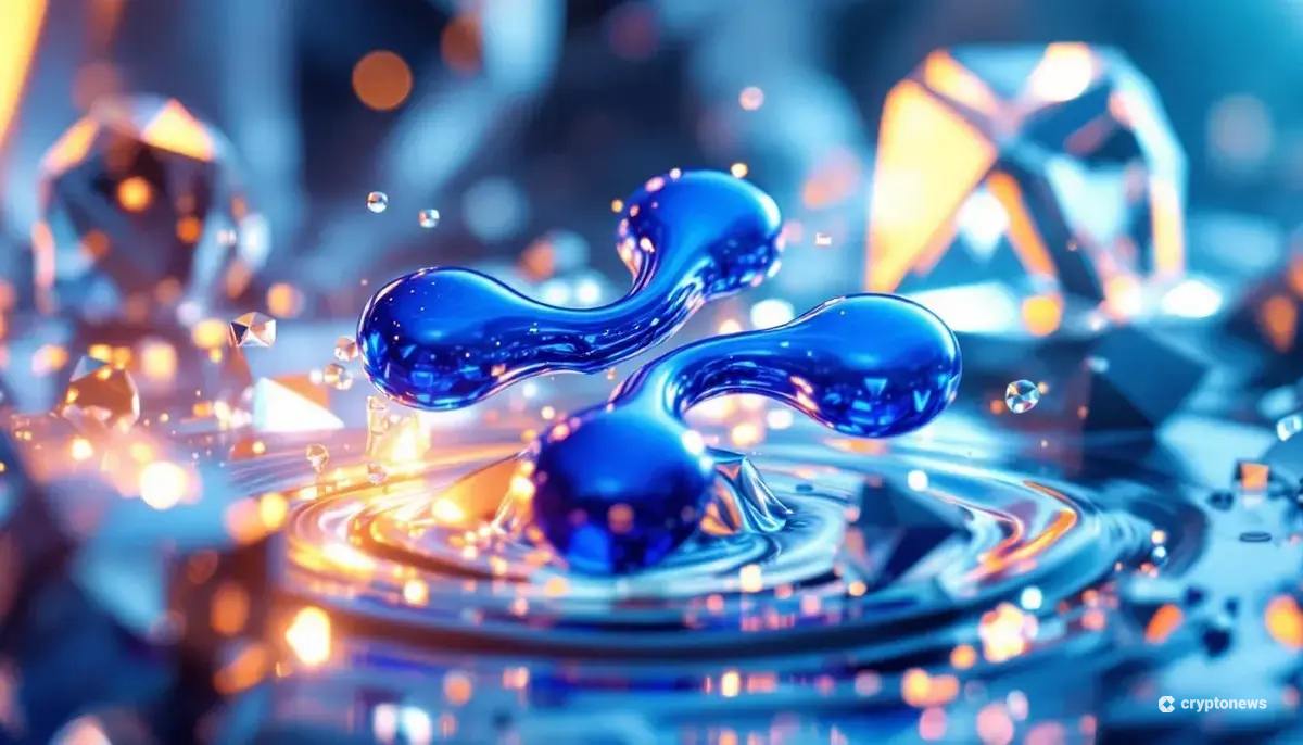 リップルのロゴが液体化し、未来的な幾何学模様の背景に波紋を広げている様子