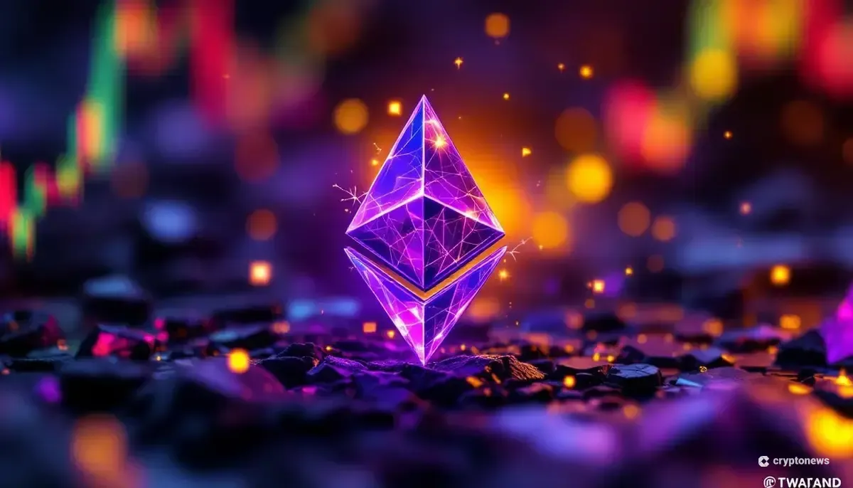 企業のバランスシートに載るイーサリアムの結晶。一部にひび割れが入り、過剰なレバレッジのリスクを表現している。